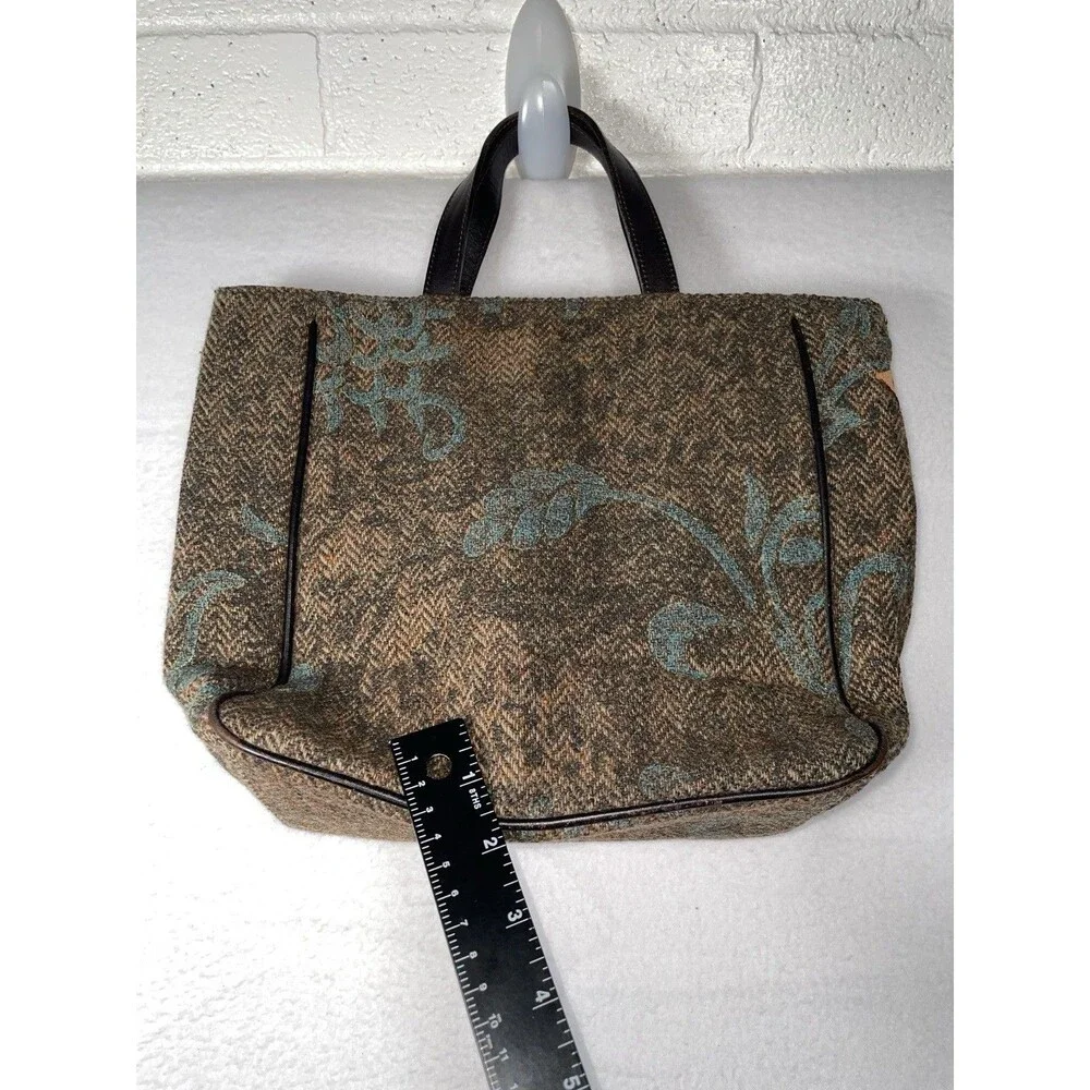 MZ Wallace Handbag TOTE Bag Purse Leather Tapestry Brown Green Tweed Preppy